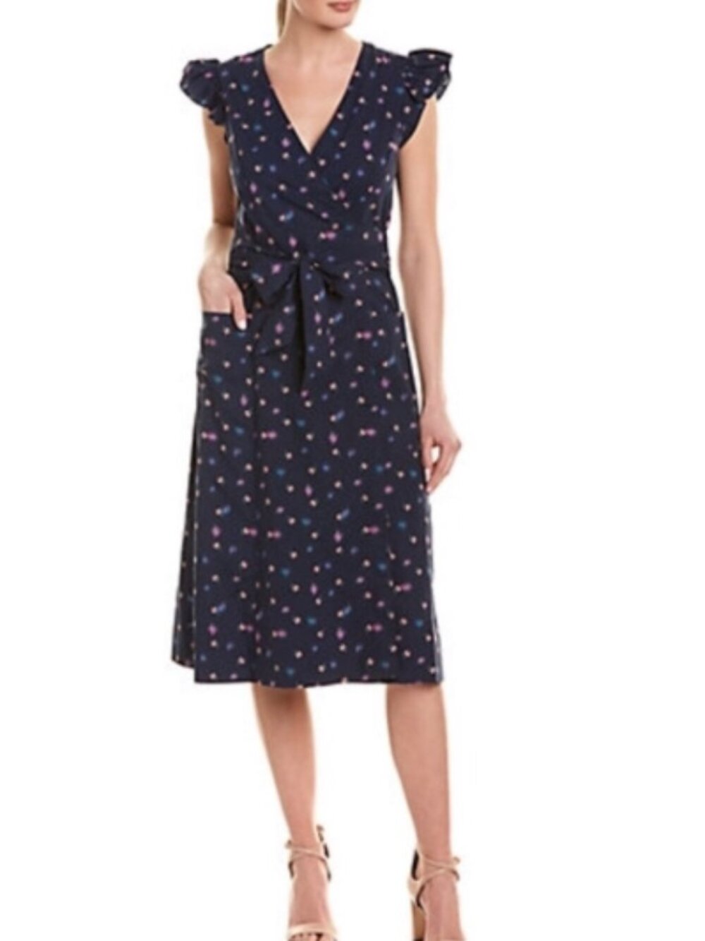 REBECCA TAYLOR Farren Flower Poplin Wrap Midi Dress, Navy Floral, Size 4